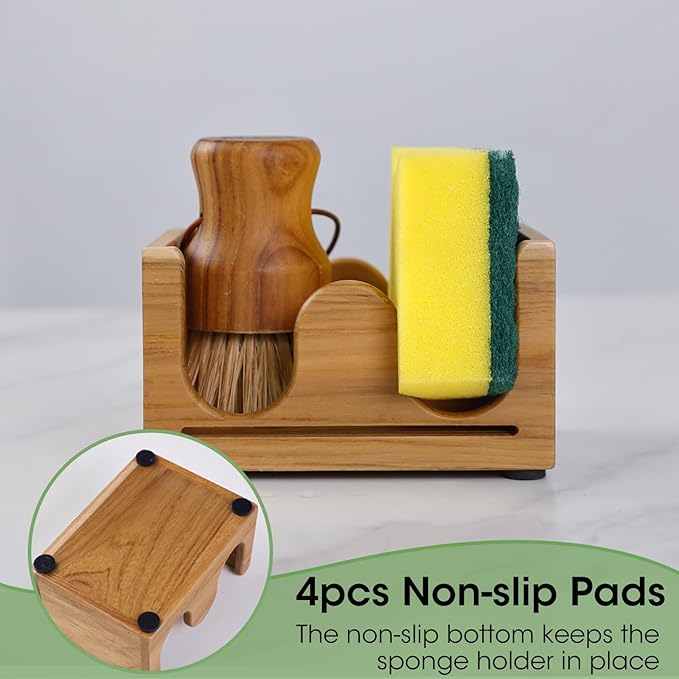 HTB Sponge Holder for Kitchen Sink,Teak Wood Dish Sponge Caddy Rack Tray Stand with Drain,Kitchen Sink Storage Organizer Countertop