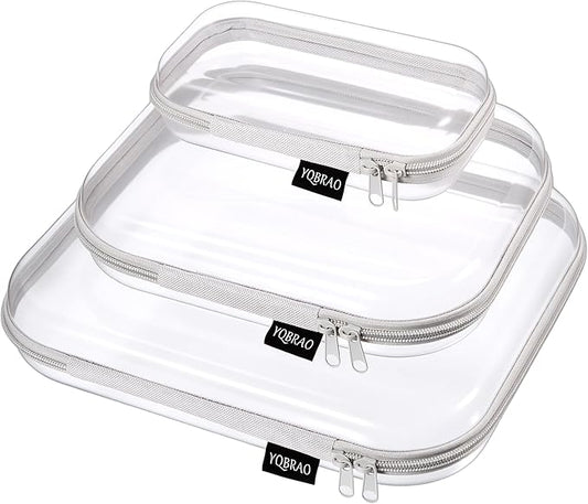 YQBRAO 3-Pack Clear Hard Shell Zipper Case Gray, 1.2mm Heavy-Duty Crush-Proof Travel Makeup Bag, Multi-Size (L+M+S) Diaper Bag Organizer Pouches, Rigid Clear Zipper Pouches for Tech, Toys & Home