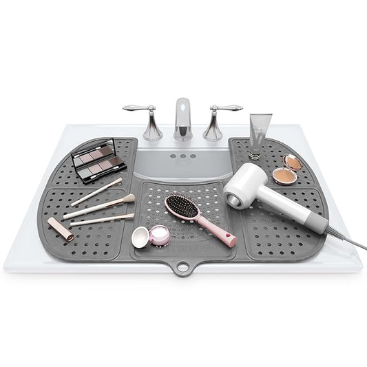 Sink Topper Bathroom Counter Cover & Storage Saver, Foldable Silicone Mat for Hot Tools, Hair Styling & Makeup, Beauty Brush Cleaning Mat, RV Camper Sink Cover & for Small Spaces (Large Silver)