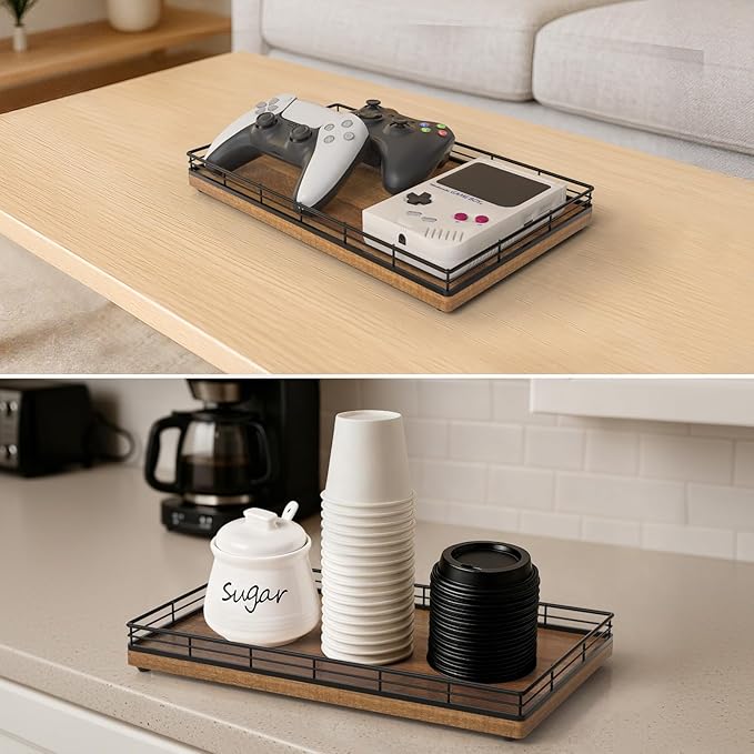 Large Bathroom Vanity Tray – 13" x 8" Acacia Decorative Wooden Tray for Bathroom Countertop & Vanity Organizer, Wood Tray for Perfume, Skincare Accessories Storage Vanity Dresser Decor Black & Acacia