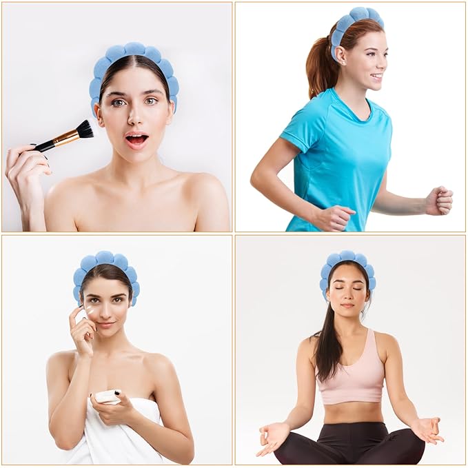 Spa Headbands for Washing Face, Makeup and Skincare. 3 Pc Set of Skin Care Head band with Wristbands. Puffy Terry Cloth, Non Slip Get Ready Hairband for Women, Teens, Girls. Cute Hair Accessories.
