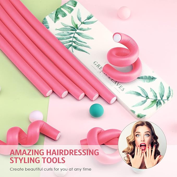 Syhood 30 Pcs Flexible Curling Rods 9.45 Twist Foam Rollers Soft Foam No Heat Hair Rods Rollers and 1 Steel Pintail Comb Rat Tail Comb for Women Long Short Hair(Pink,9.45 x 0.55 Inch)