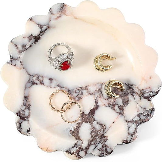 Koville 5.51" Scalloped Calacatta Viola Marble Tray, Round Stone Jewelry Trinket Dish for Ring, Natural Small Marble Tray for Bathroom Kitchen Dresser Countertop, Decorative Candle Tray
