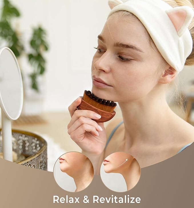 Lymphatic Contour Face Brush 2 Pack - Wooden Handle Facial Sculpting Guasha Dry Brushing Massage Tool - Contour Glow Brush Lymph Drainage Depuff Lift Brushes for Face Neck Chin