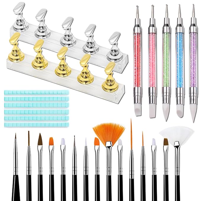 Nail Stand for Press Ons, 15Pcs Nail Art Brushes, 5Pcs Dual-Ended Nail Dotting & Sculpture Pens, Nail Stand DIY, Nail Holder for Painting Nails with 96Pcs Reusable Putty, Nail Art Tools