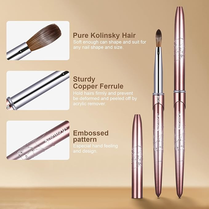 Acrylic Nail Brush Size 6,KEMEISI 100% Pure Kolinsky Nail Art Brushes Sturdy Handle Oval Shaped Acrylic Powder Nail Design Tools for Professional Manicure DIY Home Salon (Brown Gradient)