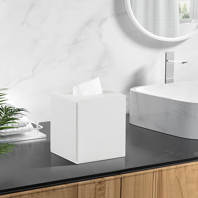 JLAMBOM PU Leather Tissue Box Cover Square Tissue Box Holder with Magnetic Closure, Decorative Tissue Holder for Bathroom Bedroom Office (White)