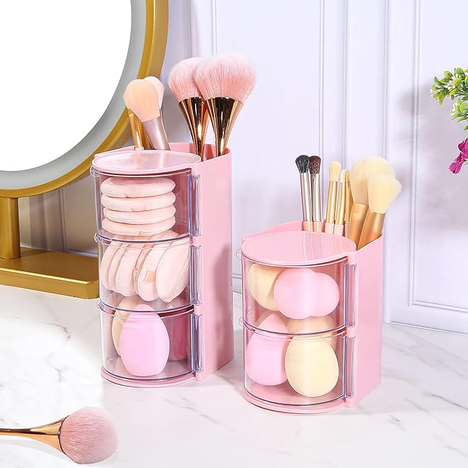 DASITON 3-Layer Makeup Brush Holder with Hair Accessories Organizer, Rotatable Desktop Organizer Case for Hair Clip, Makeup Sponge, Jewelry and Hair Accessories, Hair Brush Holder for Vanity (Pink)
