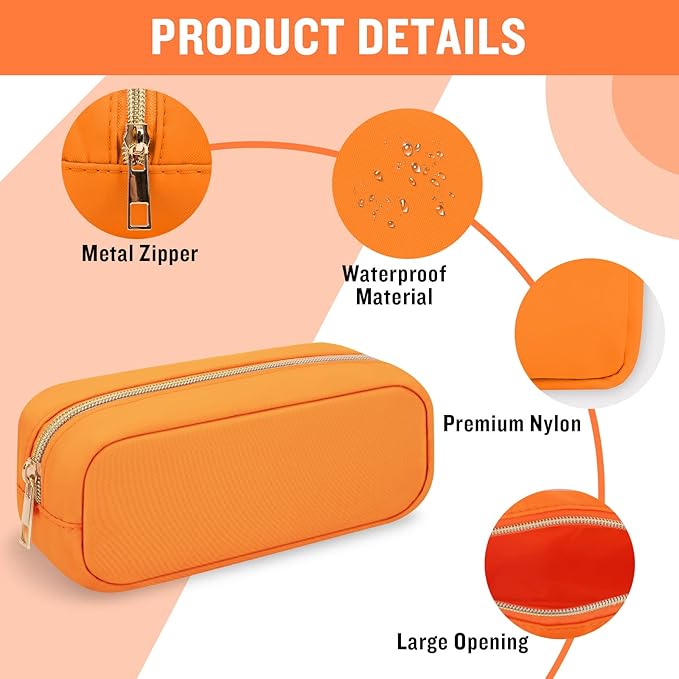 Nylon Slim Cosmetic Zipper Pouch, Preppy Makeup Brush Bag Compact Makeup Pouch, Waterproof Zipper Purse Travel Coin Storage Bag for Women Girls Teens (Orange)
