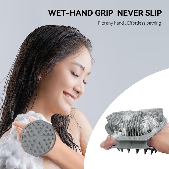 Silicone Body Scrubber, Dual-Sided Silicone Loofah for Shower, Exfoliating Body Brush Scrubber for Men and Women for All Skin, Scalp Scrubber Lather Well＆Easy to Clean (Gray)