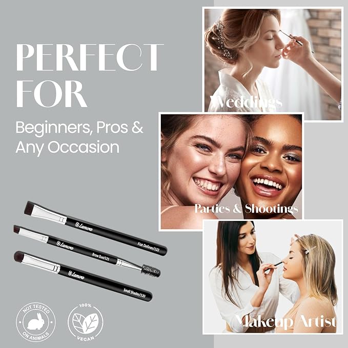 Eyebrow Brush - Duo Eye Brow Spoolie - Angled Eyeshadow Eyeliner - Precision Flat Definer - Small Shader - 3 Piece Makeup Brush Set - Cruelty Free Synthetic Bristles