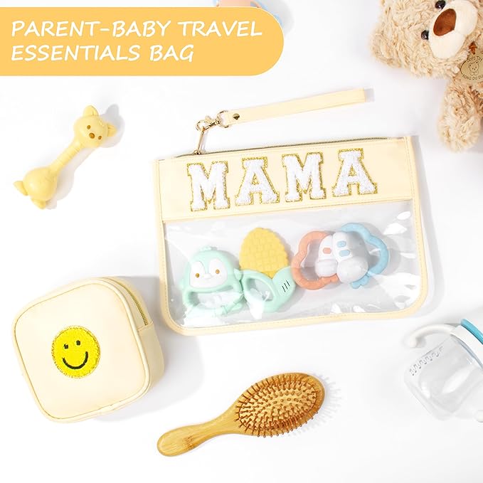2 Pcs Preppy Patch Clear Mama Bag, Women Chenille Letter Makeup Cosmetic Bag for Travel, PVC Waterproof Organization Outdoor Zipper Pouch Toiletry Bag for Women Girl