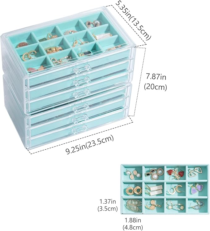 Lolalet Earring Holder Organizer Box Jewelry Storage with 6 Drawers, Clear Acrylic Stackable Earring Case with Adjustable Velvet Trays for Women on Dresser Vanity -Aqua, 6 Layers