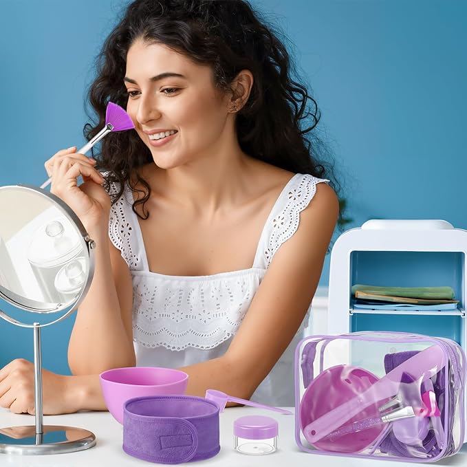 LemonRoad 34 Pcs Esthetician Facial Supplies Include Facial Bowls Brushes Jars Measuring Spoons Hairbands Esthetician Essentials Valentines Gift Set For Women(Purple)