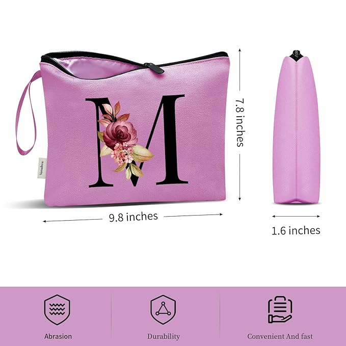 Vavabox A-Z Personalized Makeup Bag, Birthday Gifts for Women Mom, Gifts for Best Friend, Bride Bridesmaid Cosmetic bag (M, Purple)