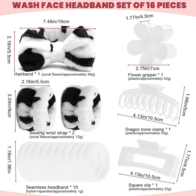 16 Pcs Skincare Headband Set, Face Washing Headband with Wristbands, Hair Claw Clips & Hair Ties, Spa Headbands for Women Girls, Perfect for Facial, Makeup, Shower, Gift Ready Bo
