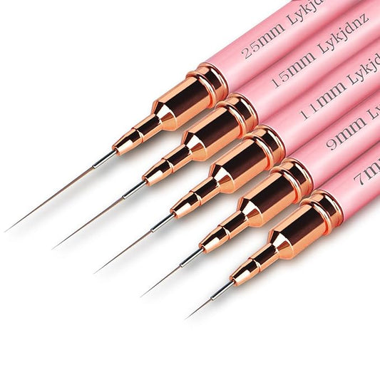 5pcs Nail Art Liner Brushes, Liner Brush For Nails Gel, Painting Art Design Brush Set Nail Dotting Drawing Tool For Long Lines, Thin Details, Fine Drawing Sizes 7/9/11/15/25 mm (Pink)