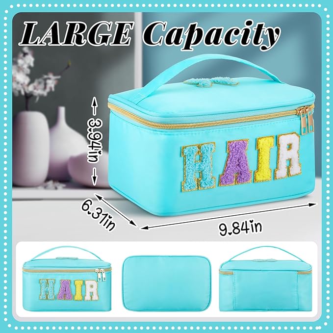 Geetery Clear Makeup Bag Chenille Letter Hair Bag Travel Cases Preppy Patch with Zipper, Portable Cosmetic Hair Accessories Organizer Toiletry Storage Case for Women