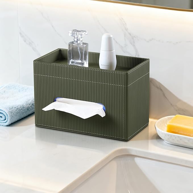 Rectangular Tissue Box Cover with Storage Tray, PU Leather Tissue Box Holder for Bathroom Vanity Countertop Night Stands Bedroom Office Desk, Stylish Tissue Holder Decorative Organizer (Green)