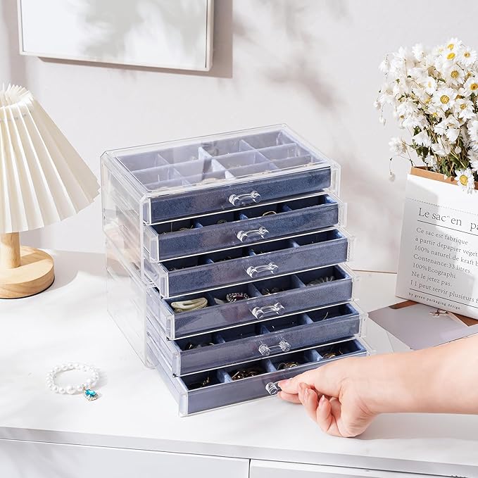 Lolalet Earring Holder Organizer Box Jewelry Storage with 6 Drawers, Clear Acrylic Stackable Earring Case with Adjustable Velvet Trays for Women on Dresser Vanity -Blue, 6 Layers