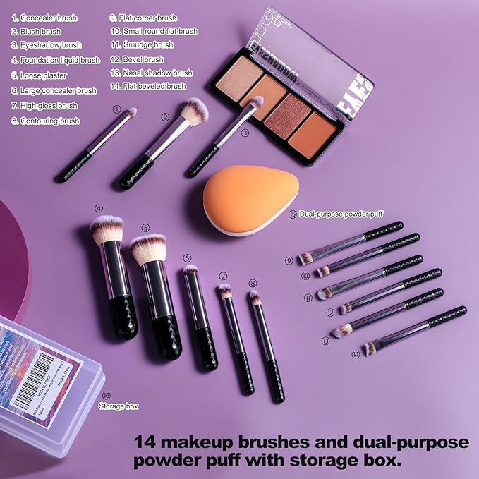 BS-MALL 14 Pcs Makeup Brushes Set With Dual-sided Beauty Makeup Sponge - Foundation Brush & Makeup Sponge,premium Luxury Brush Collection For Face & Eye,for Flawless Application (Orange)