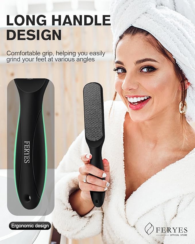 FERYES Dual-Sided Glass Foot File – Long Handle Foot Scrubber for Dead Skin, Cracked Heel Repair, Pedicure Tools for Callus Removal, Glass Pumice Stone Foot Scraper - Black