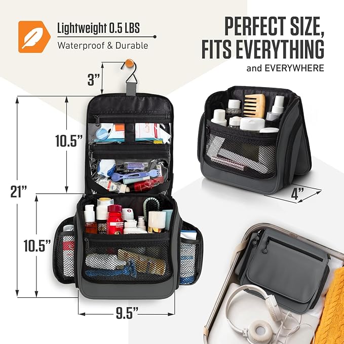 VENTURE 4TH Hanging Travel Toiletry Bag for Women & Men – Large Toiletry Organizer with 18 Compartments, Removable TSA Pouch, Travel Wash Bag for Toiletries, Makeup & Shaving Kit (Gray)