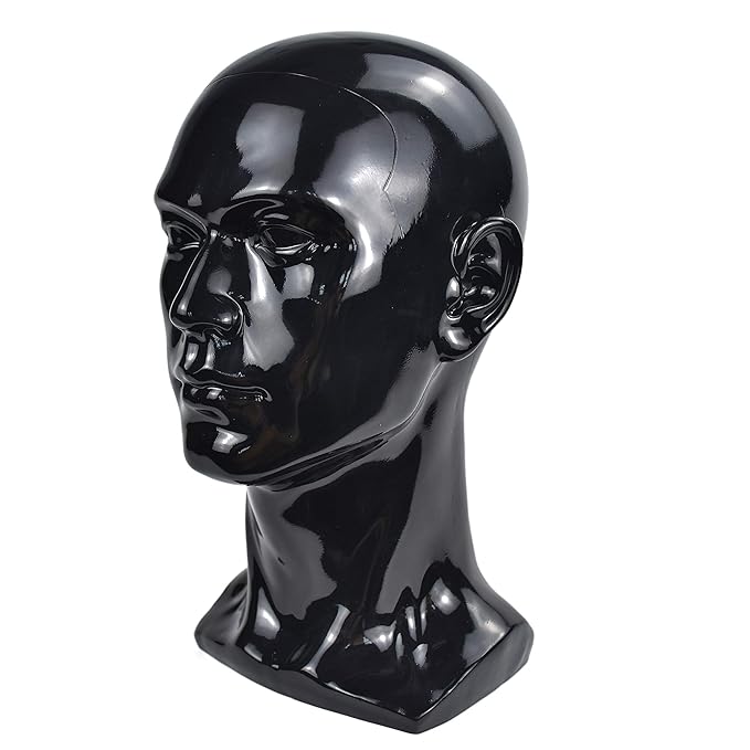 PVC Bright Black Mannequin Head Professional Cosmetology Male Mannequin Head Display Head Stand for Wigs Head for Display Wigs Hair Glases Hat Headset Display Stand(L30-Bright Black)