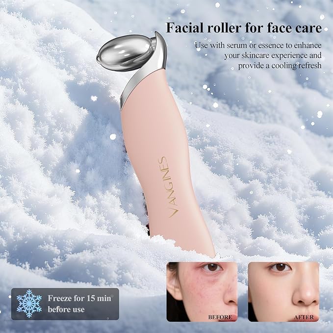 Vangines 3-in-1 Ice Roller for Face & Eyes – Cooling Facial Roller, Pore Cleansing Tool with 2 Silicone Brushes, Stainless Steel Roller for Puffiness & Pores (Pink)