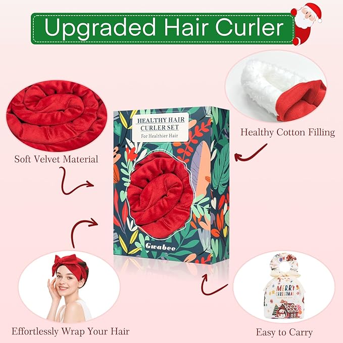 10 PCS Christmas Heatless Curls Overnight Hair Curler, 70" Overnight Curls Hair Curlers to Sleep In with Bonnet for Women Long Hair Volume, Heatless Curling DIY Set - Red