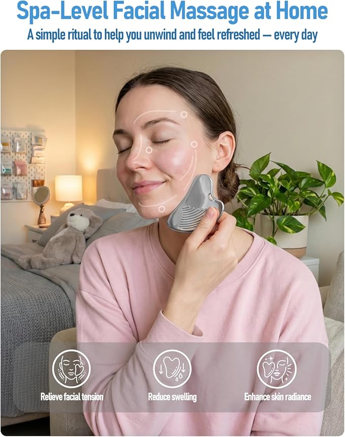 Non-Slip Grip Stainless Steel Gua Sha Tool for Face, 2026 Updated Ribbed Facial Guasha Massage Tool, Cooling Metal Face Massager Scraper for Jawline Sculpting Cheeks&Chin Gift for Women Mother, Silver