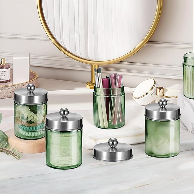 Amolliar Sage Green Qtip Holder, Glass Apothecary Jar Metal Lid & Sticker, Bathroom Qtip Dispenser Storage Canister, Perfect for Cotton Balls, Swabs, Round Pads, Bath Salt, Floss,Brushed Nickel 2 Pack