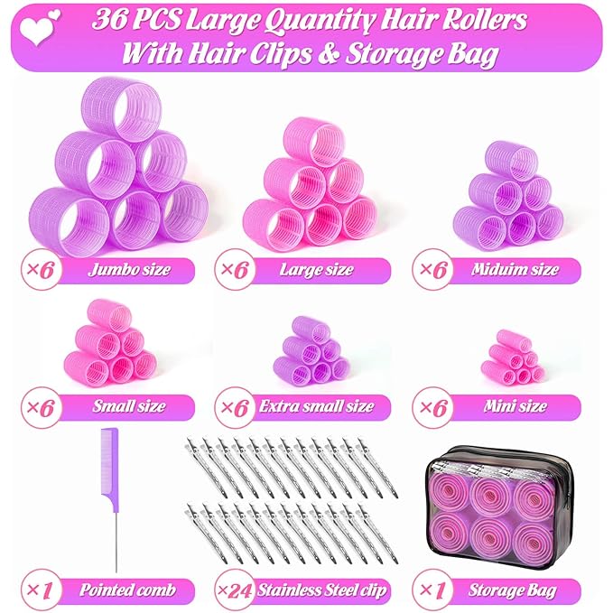 6 Size Hair Rollers for Women, 62 Pcs Rollers Hair Curlers for Blowout Look Long Medium Short Hair, Jumbo Large Medium Small Self Grip Curlers with 36 Roller 24 Clips 1 Storage Bag