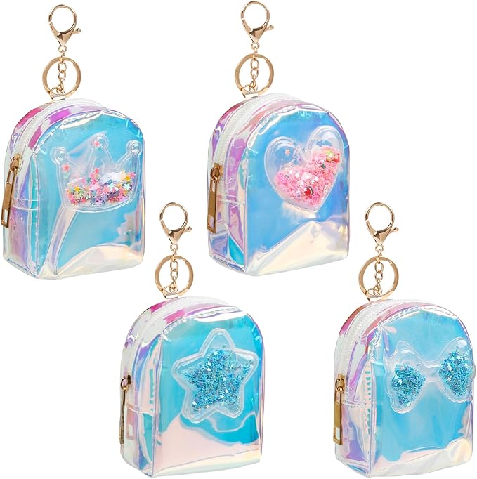 4Pcs Mini Backpack Keychain,Cute Cosmetic Bag for Women,TPU Clear Makeup Bag Key Pocket Lipstick Bag Card Holder Data Cable Organizer Zipper Pouch (Heart Crown Bow Star)