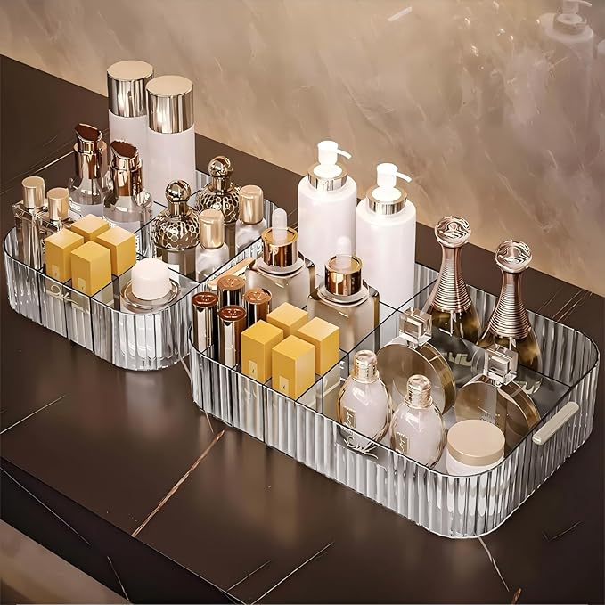 DASITON Acrylic Makeup Organizer,9 Slots Makeup Brush Holder,Makeup Storage with Handle,Vintage Striped Cosmetic Organizer for Desk Storage Container,Vanity,Bathroom(Clear)