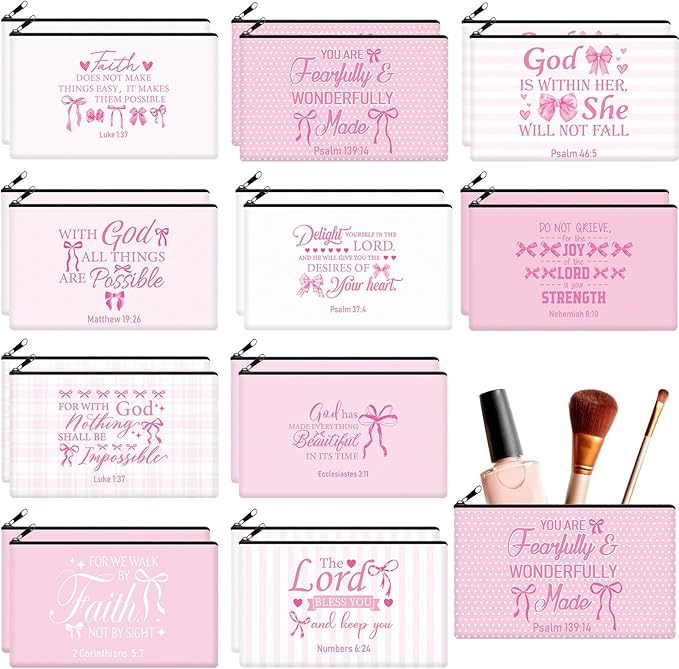 Reginary 20 Pieces Pink Christian Cosmetic Bag for Women Religious Bible Verse Makeup Bags with Zipper Toiletry Bag Pouch Travel Accessory Organizer Gifts, 7 x 4.3 Inches