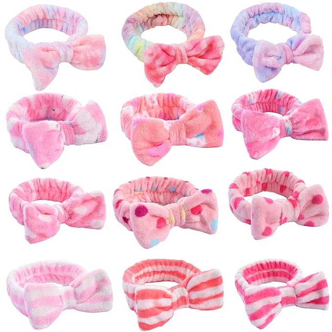 12pcs Spa Headband Soft Bowknot Spa Hair Band Coral Fleece Headband Makeup Headbands for Face Washing Skin Care Shower Yoga Headwraps for Women Girls (Pattern C)