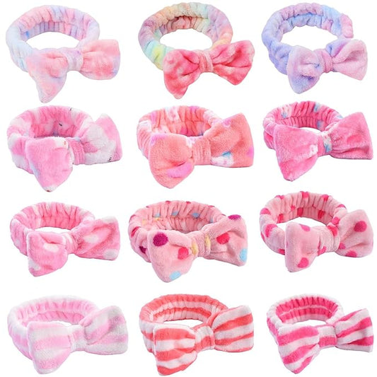 12pcs Spa Headband Soft Bowknot Spa Hair Band Coral Fleece Headband Makeup Headbands for Face Washing Skin Care Shower Yoga Headwraps for Women Girls (Pattern C)