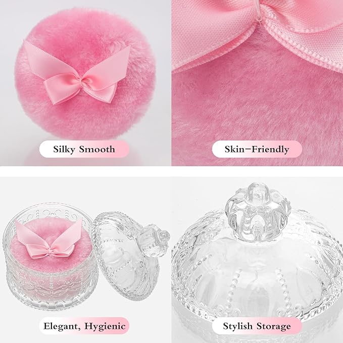 2 Pcs Large Body Powder Puff and Container, Powder Container with Puff, Dusting Powder Puff Crystal Case, Body Powder for Women Soft Washable Reusable Velour Face Body Glitter Wet Dry Makeup(Crown)