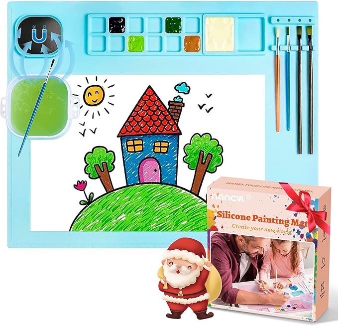 Silicone Art Mat with Cup, Painting Mat for Crafts Resin Casting, Artist Mat with Pen Holders for Kids Gift, Clay, DIY Creations and Play Doh, Christmas Gift for Kids (Blue)