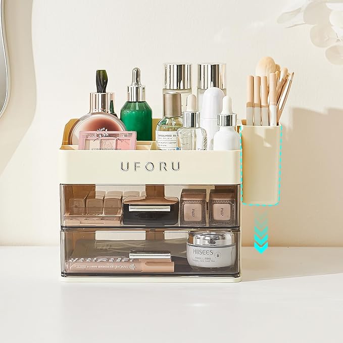 Makeup Organizer for Vanity with Brush Holder, Countertop Skincare Organizer with 2 Drawers, Spacious Cosmetic Display Case for Perfumes, Eyeshadow Palettes, Nail Polishes