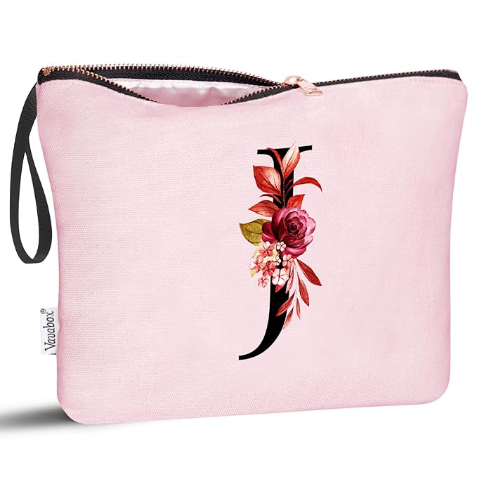 Vavabox A-Z Personalized Makeup Bag, Birthday Gifts for Women Mom, Gifts for Best Friend, Bride Bridesmaid Cosmetic bag (J, Pink)