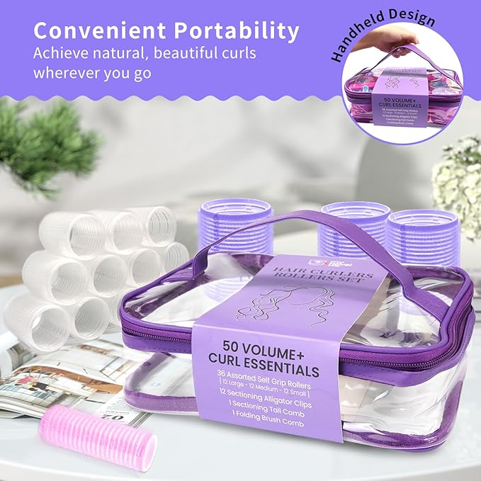 Hair Rollers Large Small 50PCS Set, 36PC Large Medium Small Hair Rollers for Volume Curlers with 12PC Clips 1 Tail Comb and 1 Folding Brush Comb for Short Medium Blowout Look Long Hair