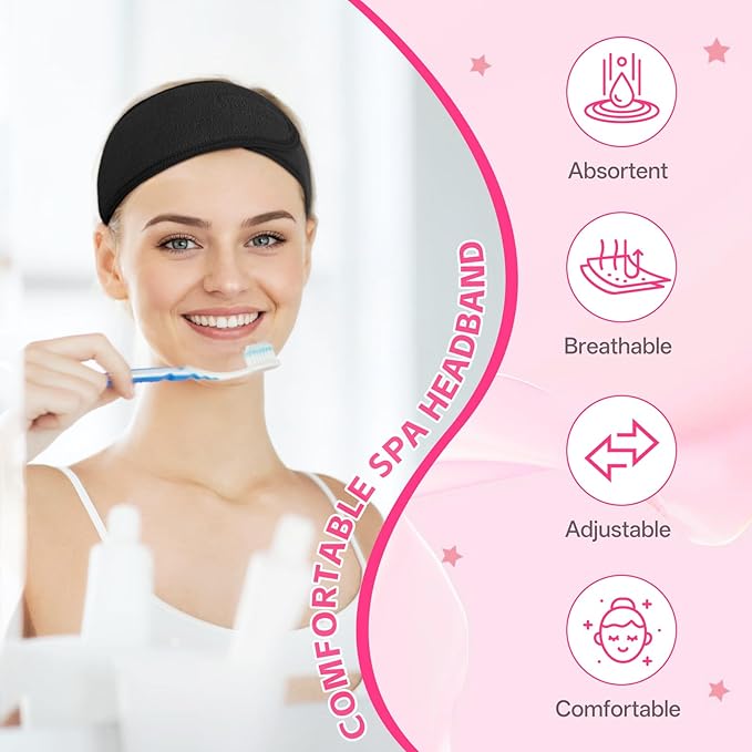 80 Pack Adjustable Spa Headband for Women Non-Slip Facial Hair Wrap for Washing Face, Makeup, Shower, Skincare, and Yoga (Black, 80)