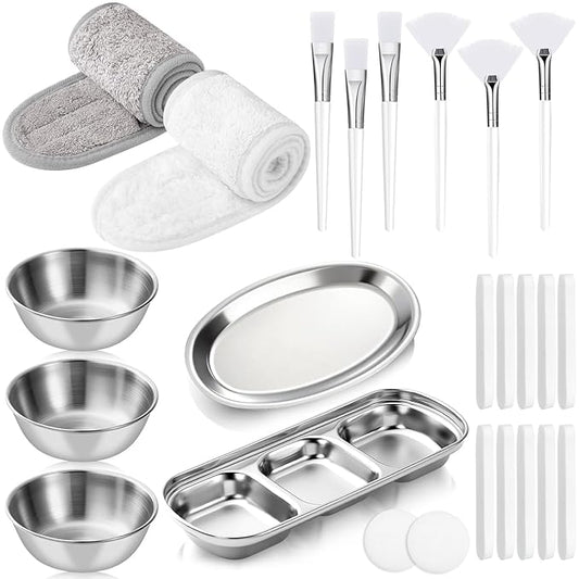 LemonRoad 25 Pcs Esthetician Facial Supplies Set, 3 Stainless Steel Mixing Bowls, 2 Serving Trays, 6 Brushes, 2 Hairbands, 12 Compressed Sponges for Women Facial Mask Spa Home Use (Silver)