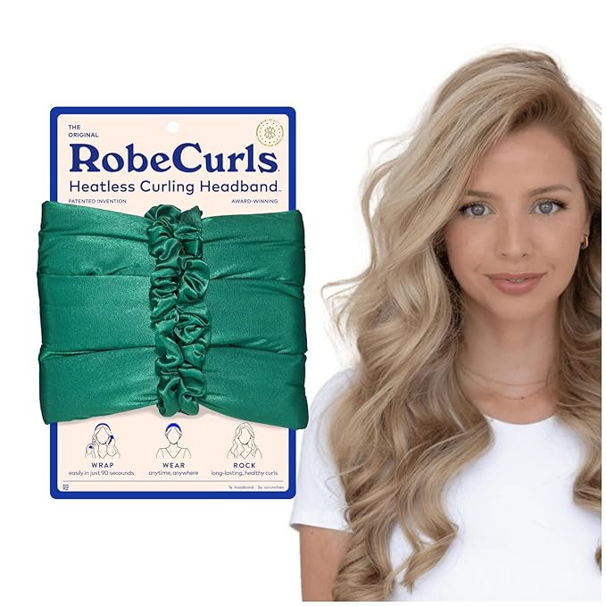 RobeCurls Original Heatless Hair Curler Set with 2 Scrunchies - Patented Satin Curling Headband with Wire Hold for Heatless Curls Overnight - Gentle Hair Curlers to Sleep In for Women & Kids, Jade