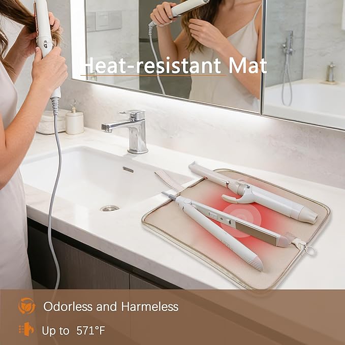 Hair Tool Organizer Heat Resistant Mat for Flat Iron Case Hot Tools Curling Iron Holder Hair Tools Travel Bag for Straightener Brush Pad Pouch Hairstylist Essentials (Beige)