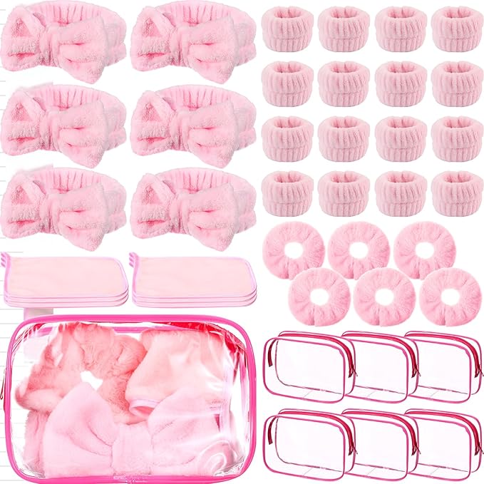 Hoteam 36 Pieces Galentines Spa Party Supplies for Girls Sleepover Party Supplies 6 Spa Headband 6 Wristband 6 Velvet Scrunchies 6 Makeup Remover Cloth 6 Clear Cosmetic Bags for Skincare