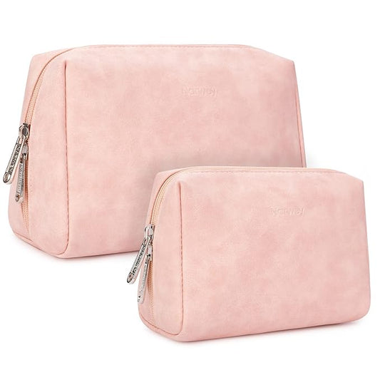 2 Pack Vegan Leather Makeup Bag Zipper Pouch Travel Cosmetic Organizer for Women (Large (Pack of 2), Orange Pink)