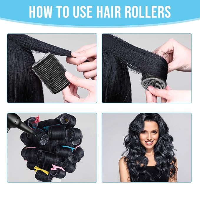 Heatless SelfGrip Hair Rollers Kit, 3 Sizes (0.79",1.18",1.57") for Short/Medium Hair | 36 Rollers +12 Clips +1 Comb | No Heat Curlers for Overnight Waves,Travel & Damage-Free Styling. (Black, Medium)
